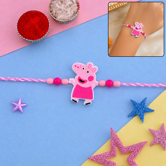 Kids' cartoon character rakhi with pink beads, front view, festive design