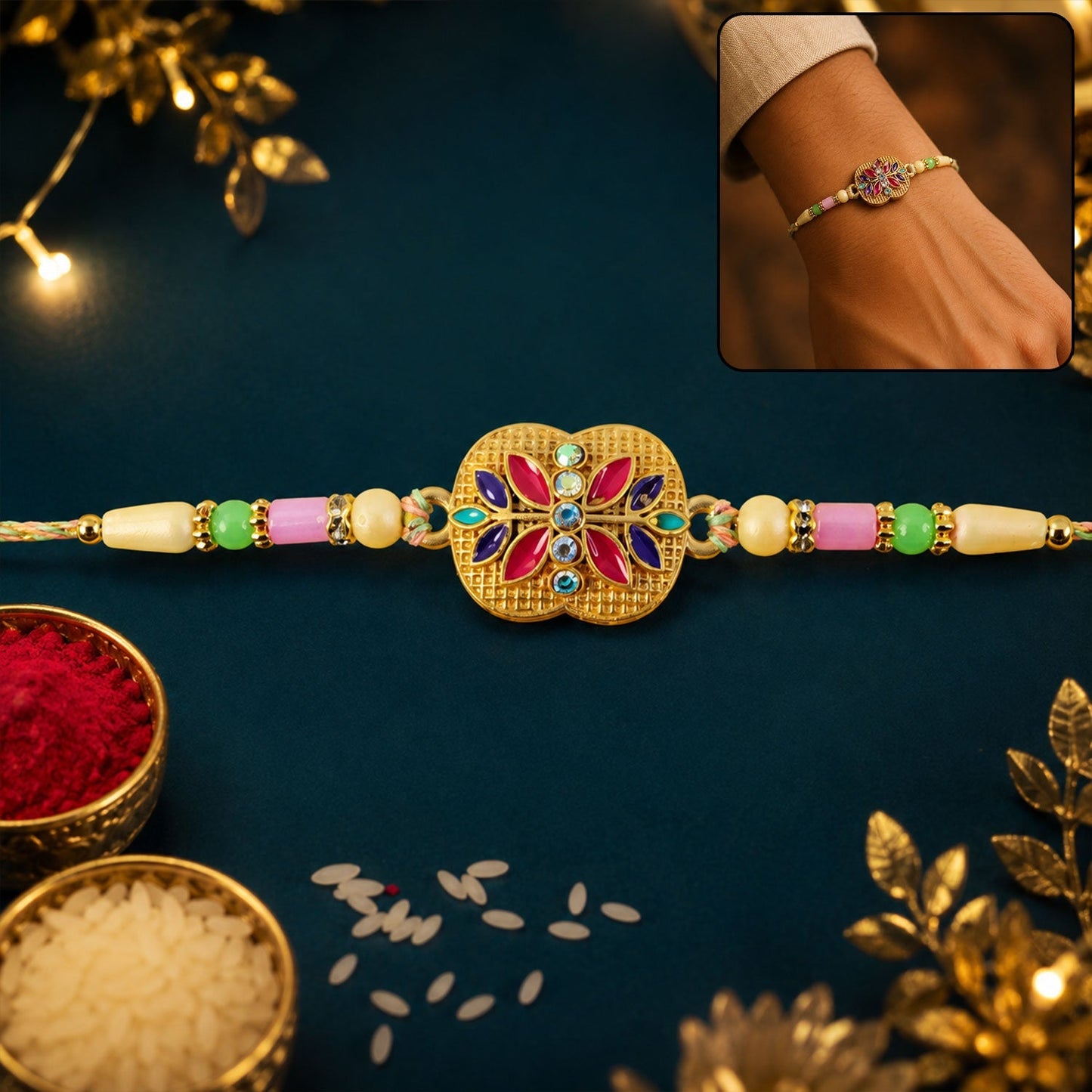 Golden meenakari floral rakhi with AD stones, pearls, and vibrant design