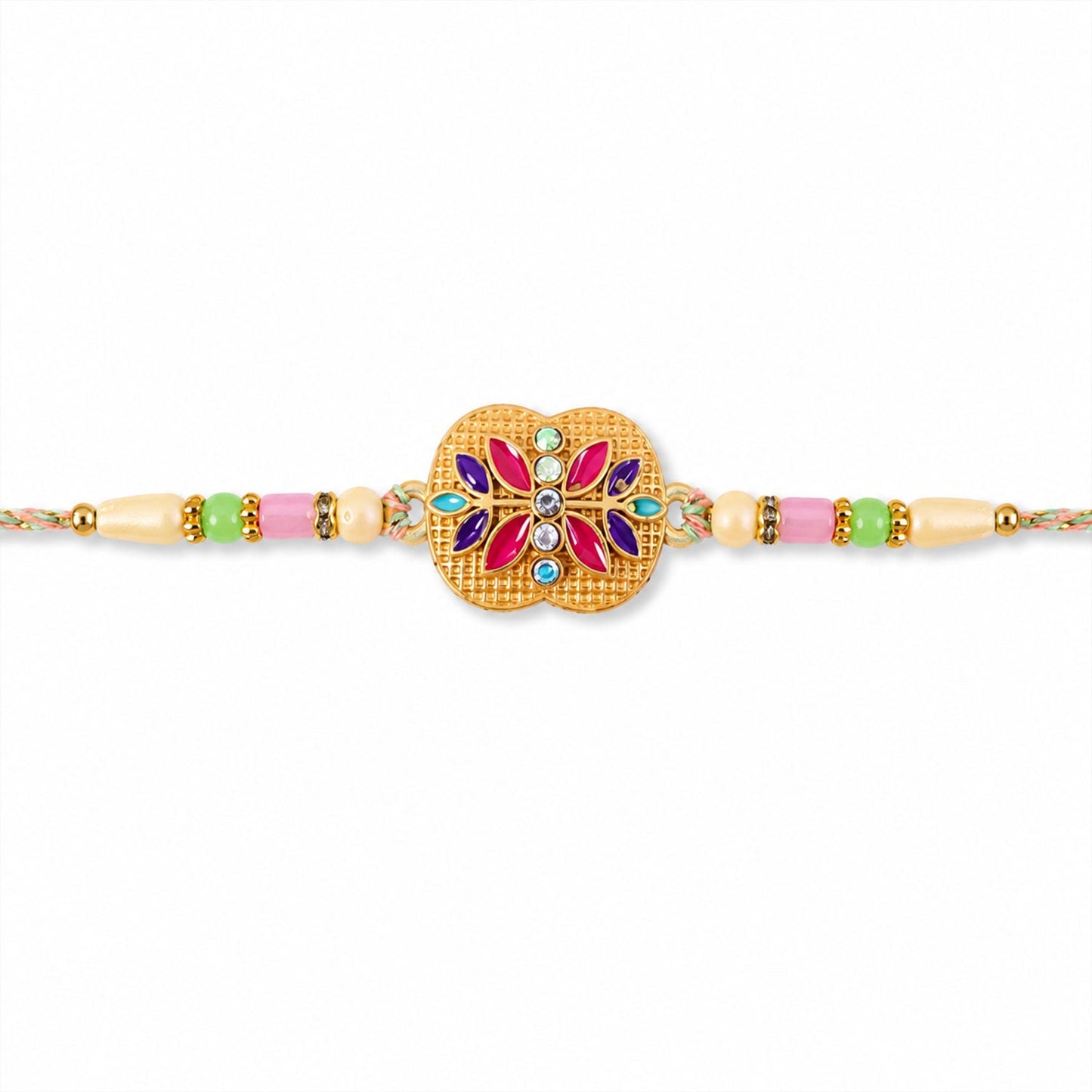Golden floral rakhi with detailed meenakari work and festive embellishments