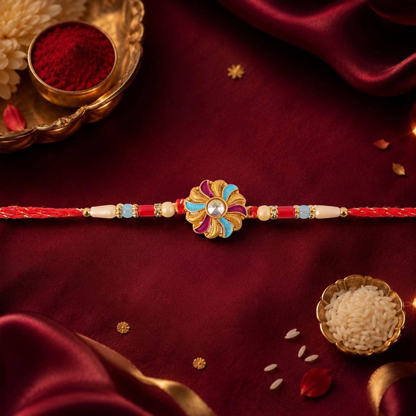 Elegant traditional Rakhi with vibrant meenakari and diamond accents