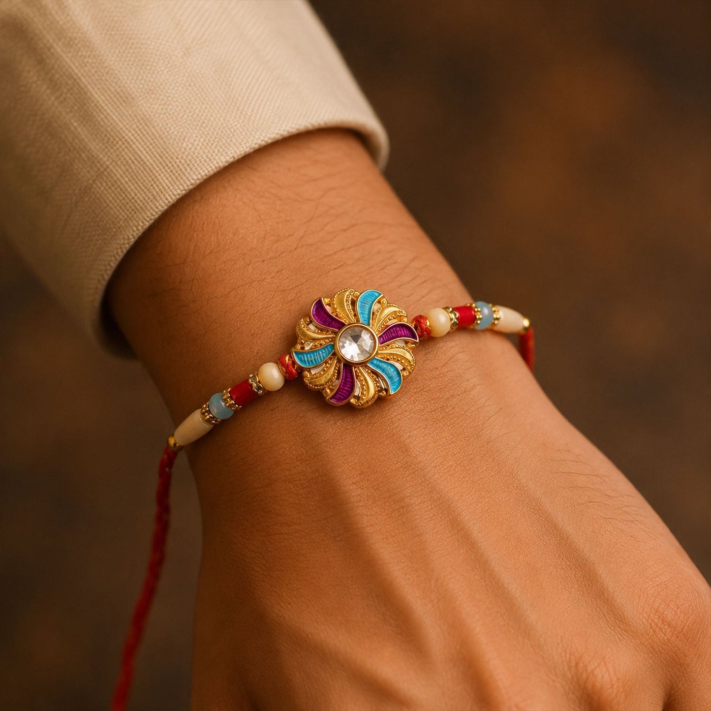 Close-up of intricate meenakari work and enamel details on Rakhi