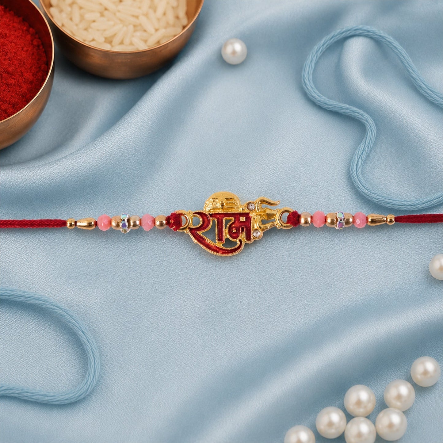 Stylish Golden Ram Rakhi featuring vibrant beadwork and detailed design