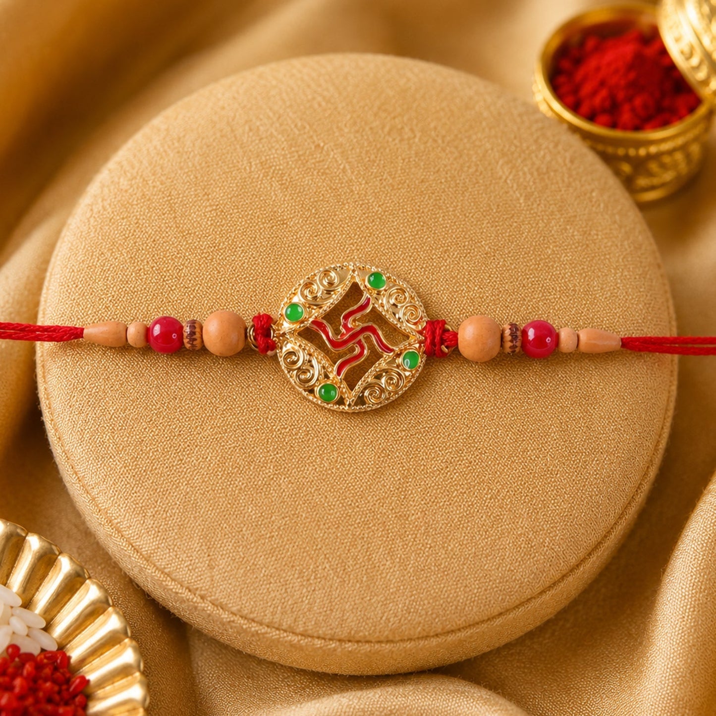 Traditional festive rakhi with wooden and red beads for brothers