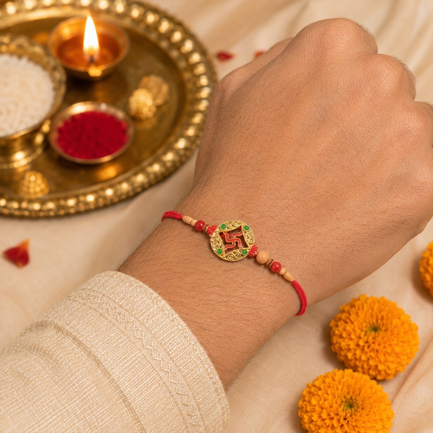 Decorative rakhi featuring golden Swastik and red beads for Raksha Bandhan