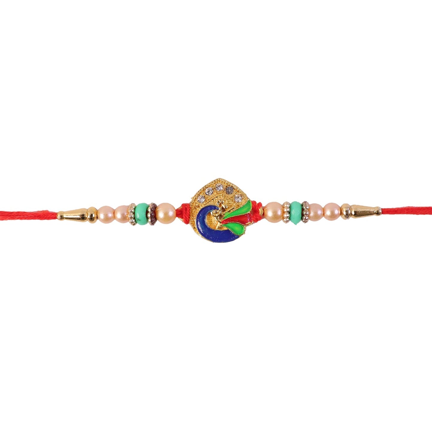 Festive Rakhi with meenakari work, pearl, and turquoise beads for brother