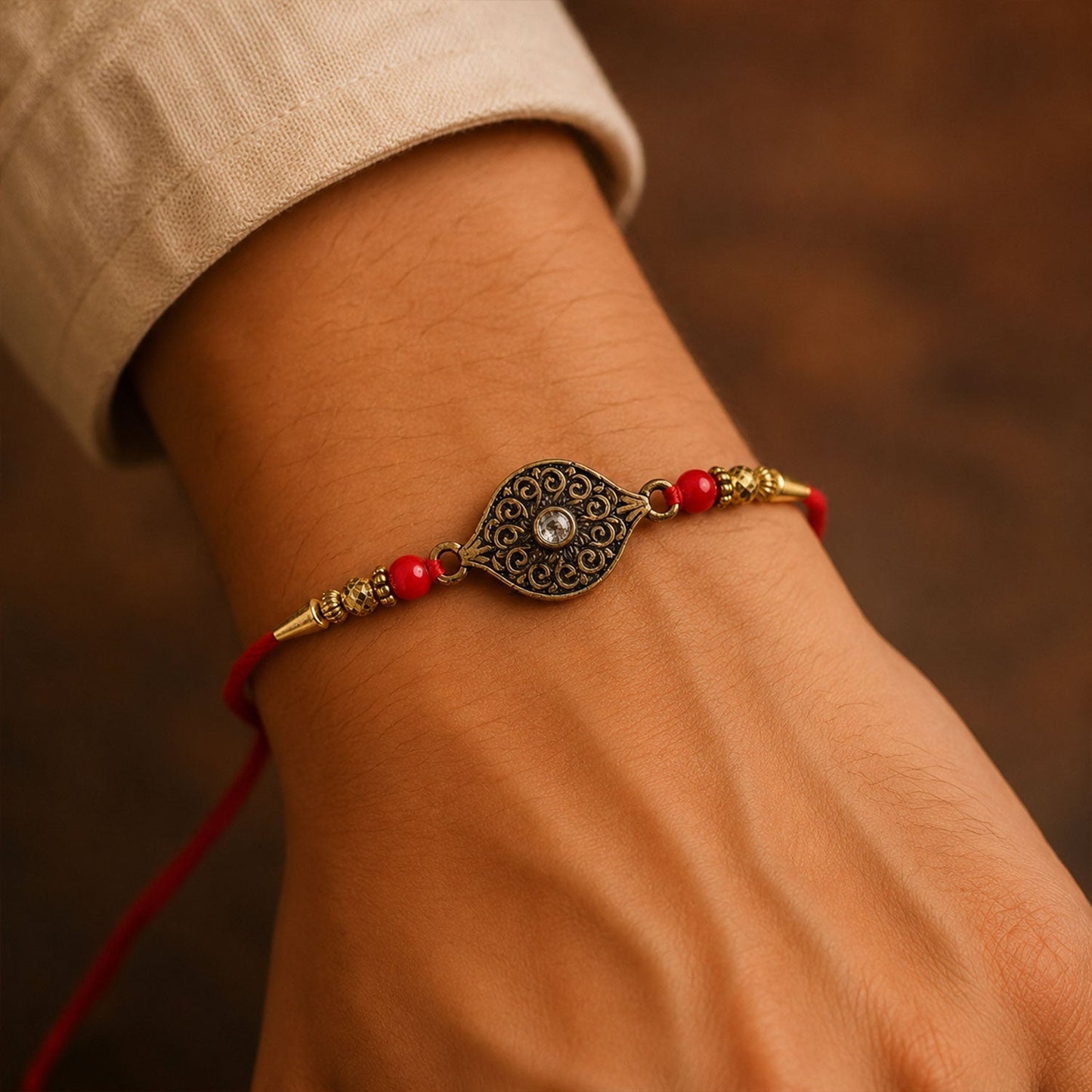 Side angle of antique oval Rakhi with red beads