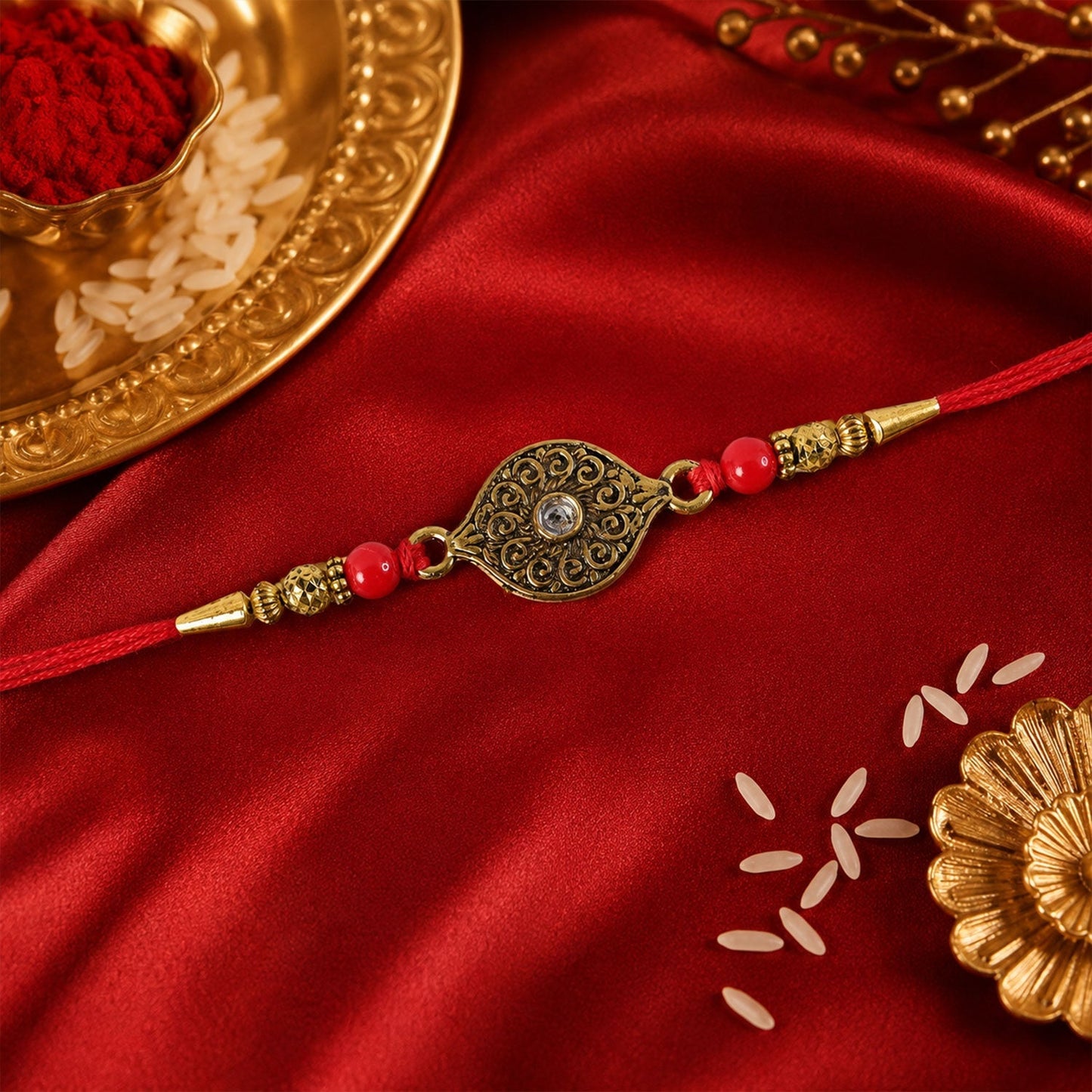 Close-up of red crystal beads on antique oval Rakhi