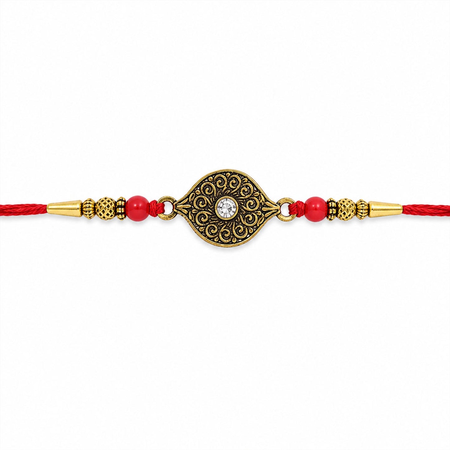 Festive presentation of antique oval Rakhi with beads