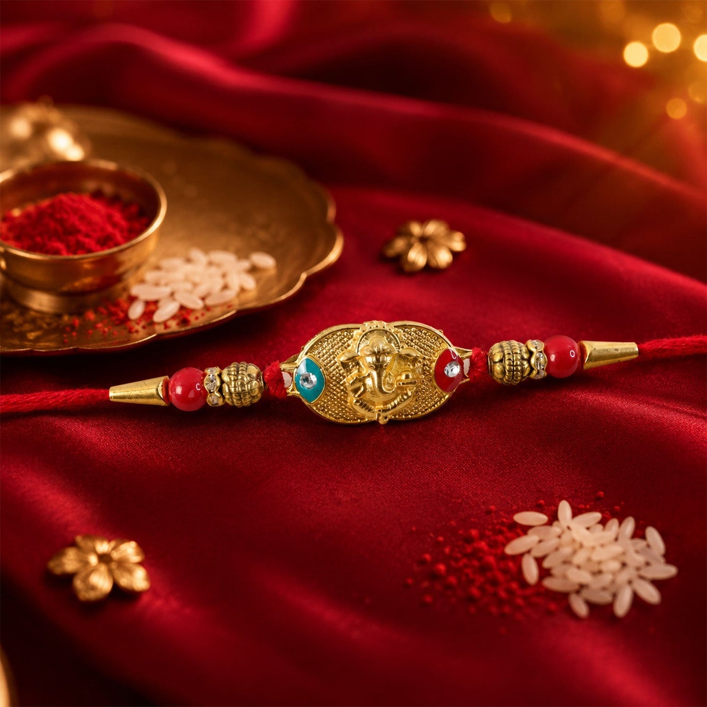 Thread detail of Golden Lord Ganesha oval Rakhi with beads