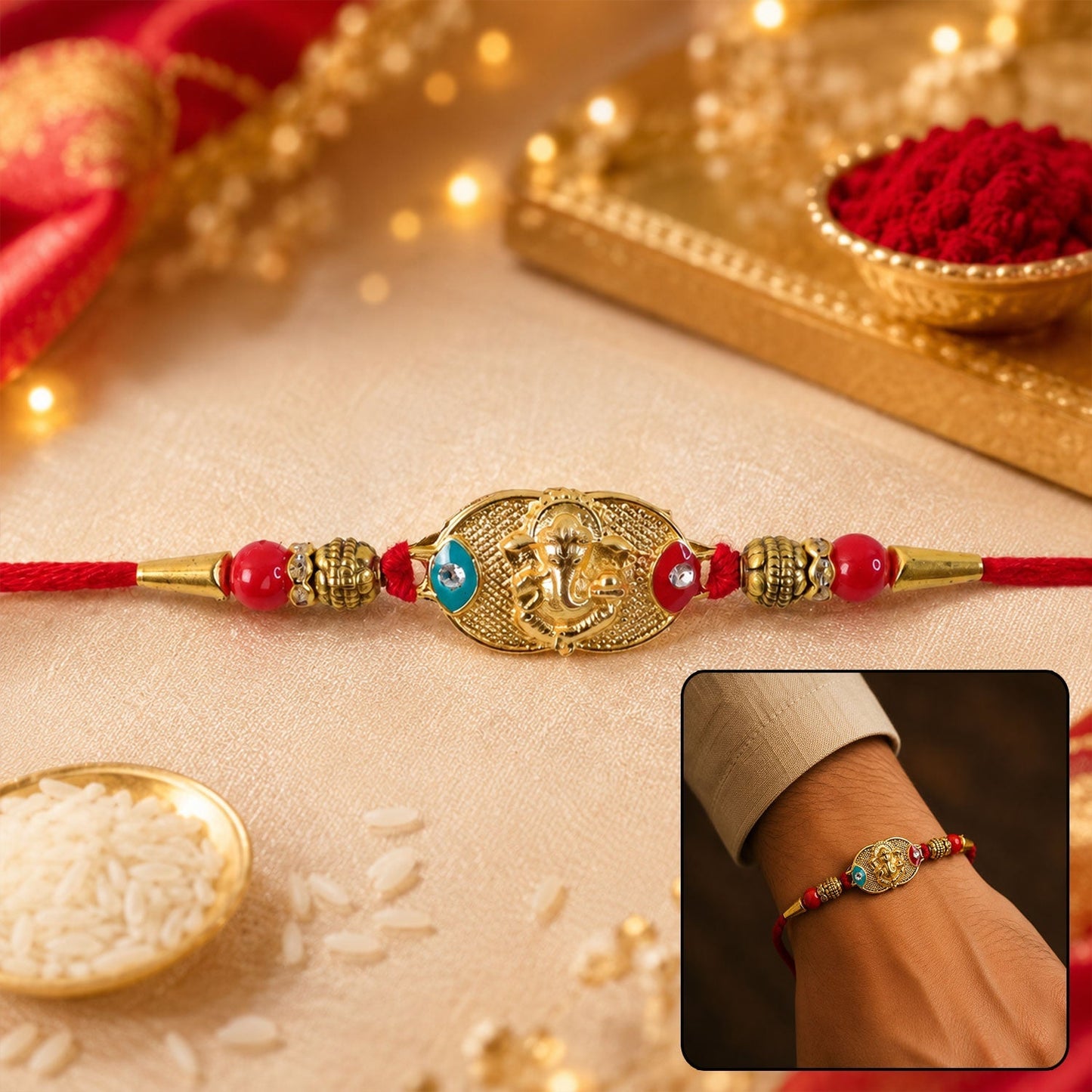 Golden Lord Ganesha oval Rakhi with red & blue beads on white background