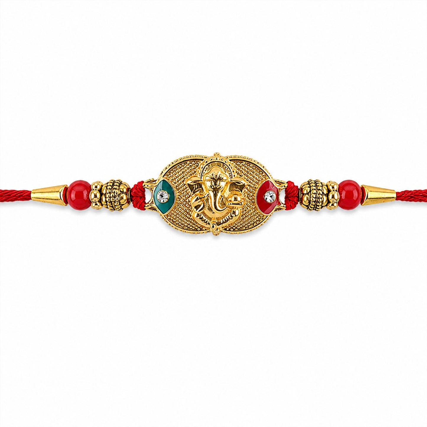 Packaging of Golden Lord Ganesha Rakhi with red & blue beads