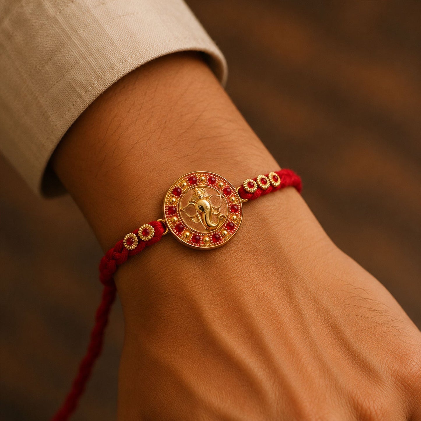 Premium festive Rakhi with Ganesha design and red crystal bead