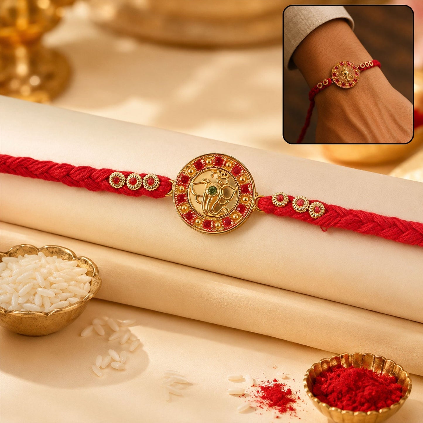 Elegant golden Ganesha Rakhi with red crystal bead for brother