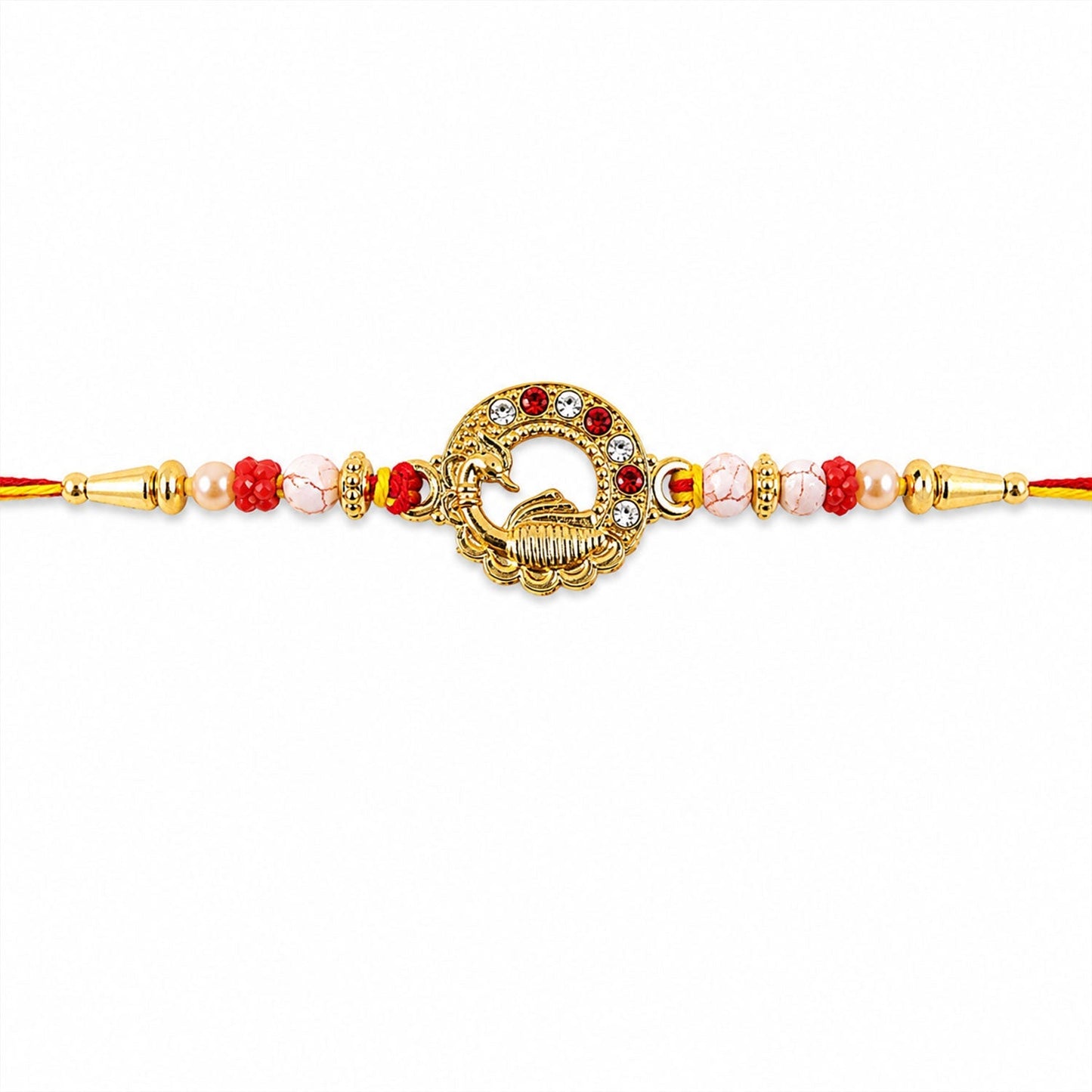 Full view of golden peacock rakhi with red thread.