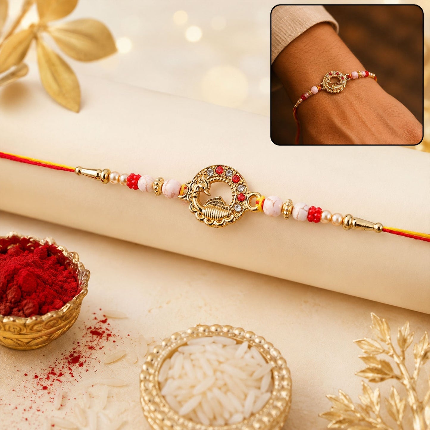 Antique golden peacock rakhi with pearls & red beads, front view.