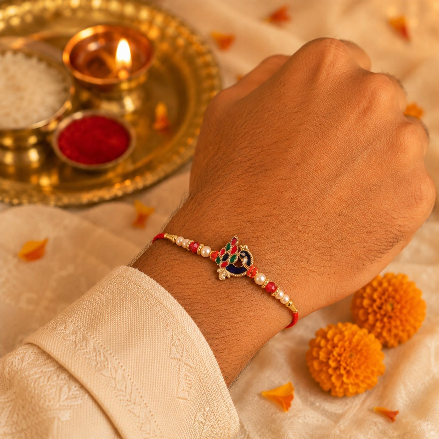 Close-up of intricate meenakari work on blue peacock Rakhi for Raksha Bandhan