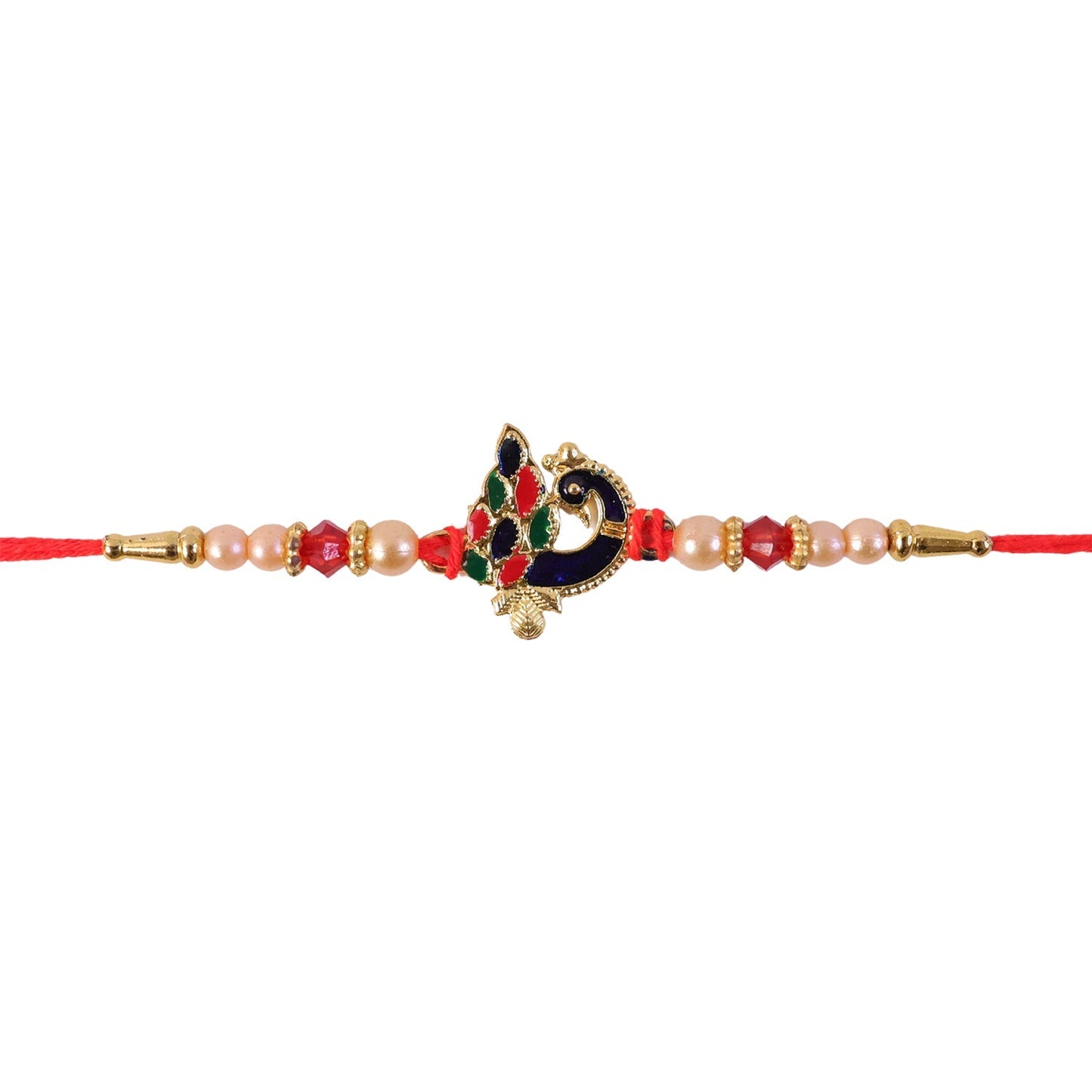 Traditional blue meenakari Rakhi decorated with crystal and pearl beads