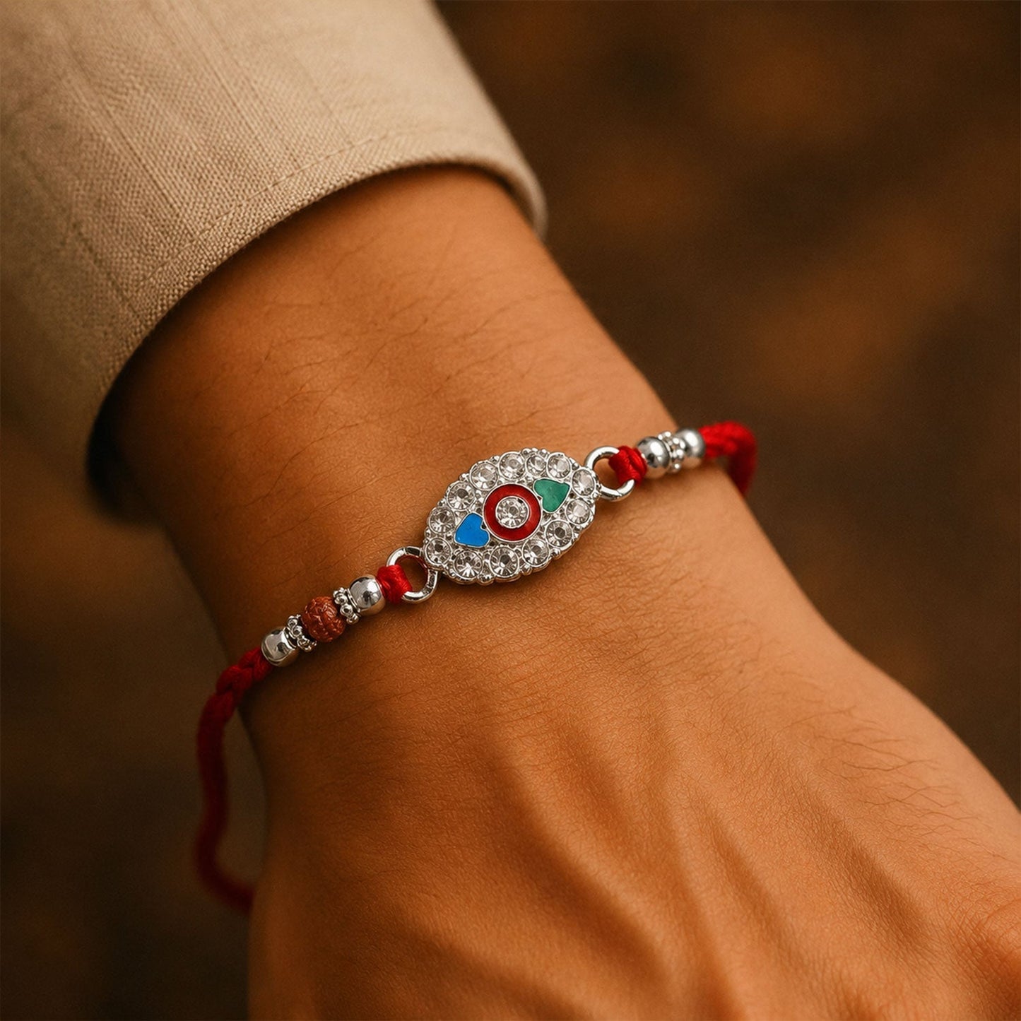 Close-up of silver stone beads on rakhi thread