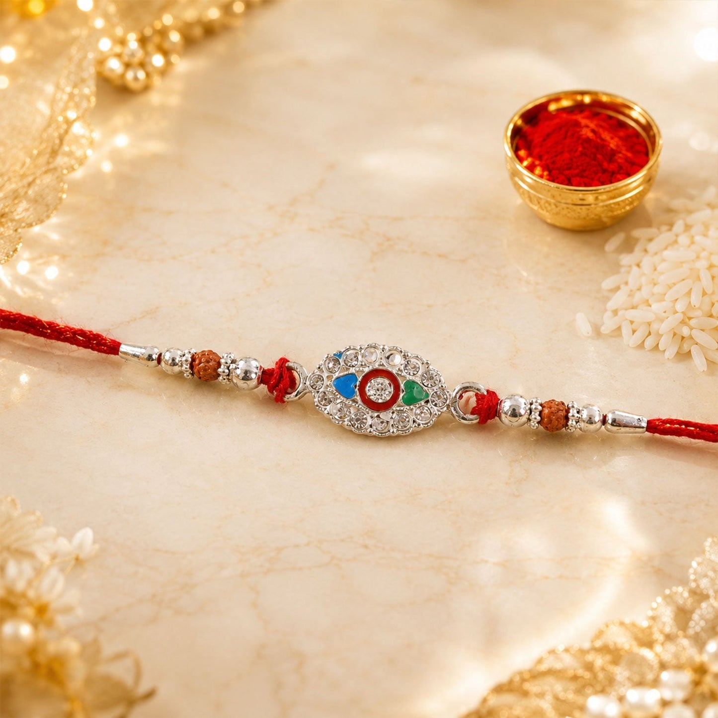 Side angle of silver stone Rakhi showing bead detail