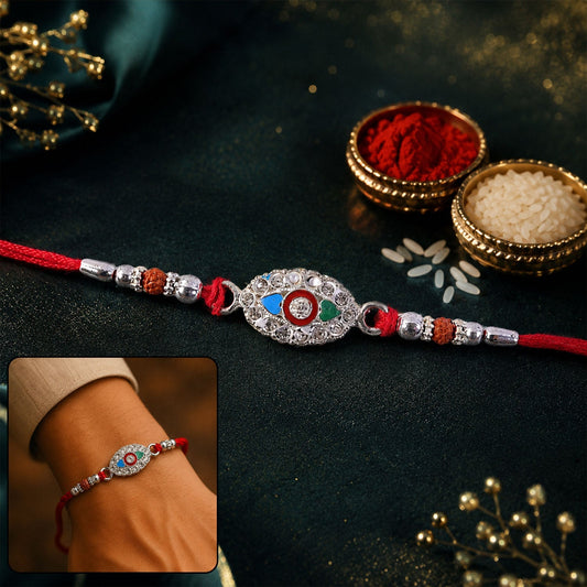 Silver stone designer Rakhi with beads on white background