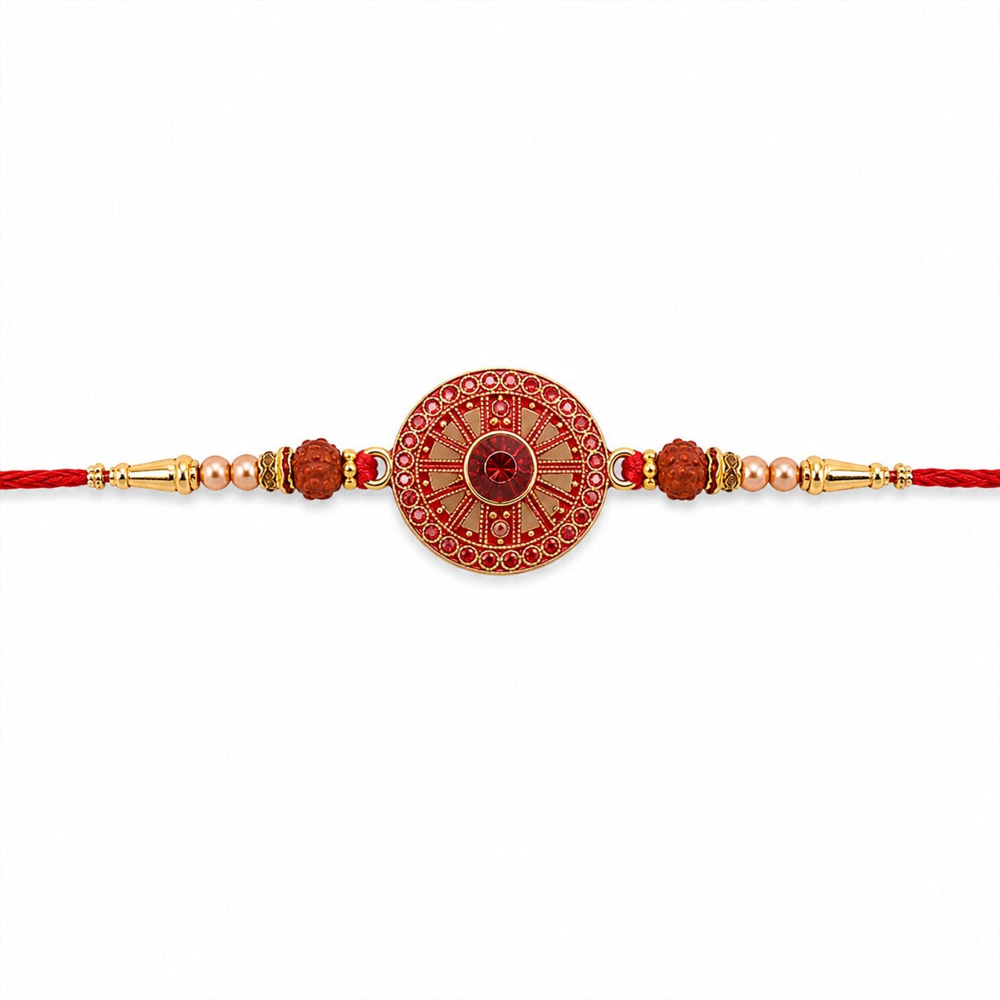 Beautiful red floral Rakhi with rudraksha and pearl beads for Raksha Bandhan