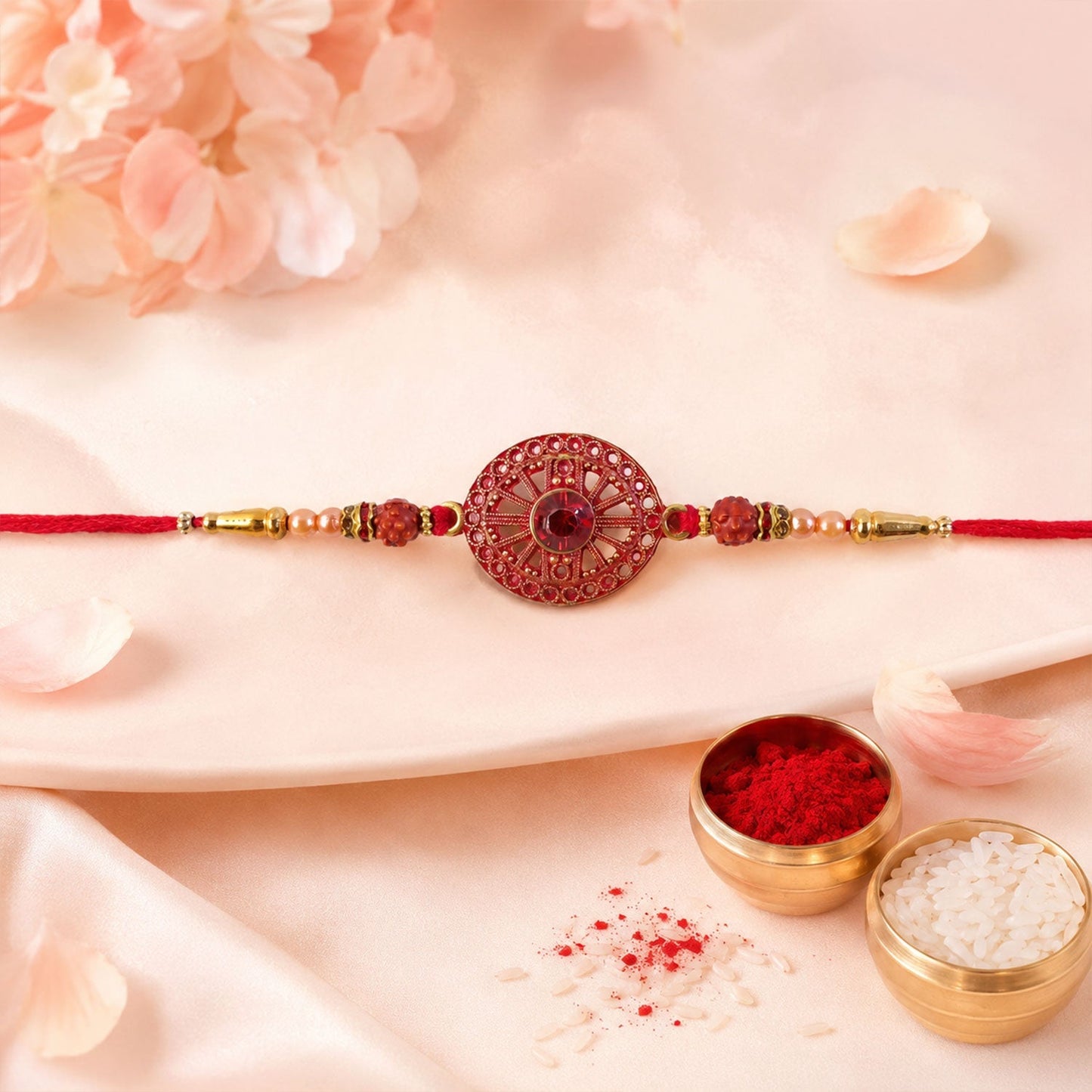 Festive red crystal floral rakhi, lightweight and suitable for all ages