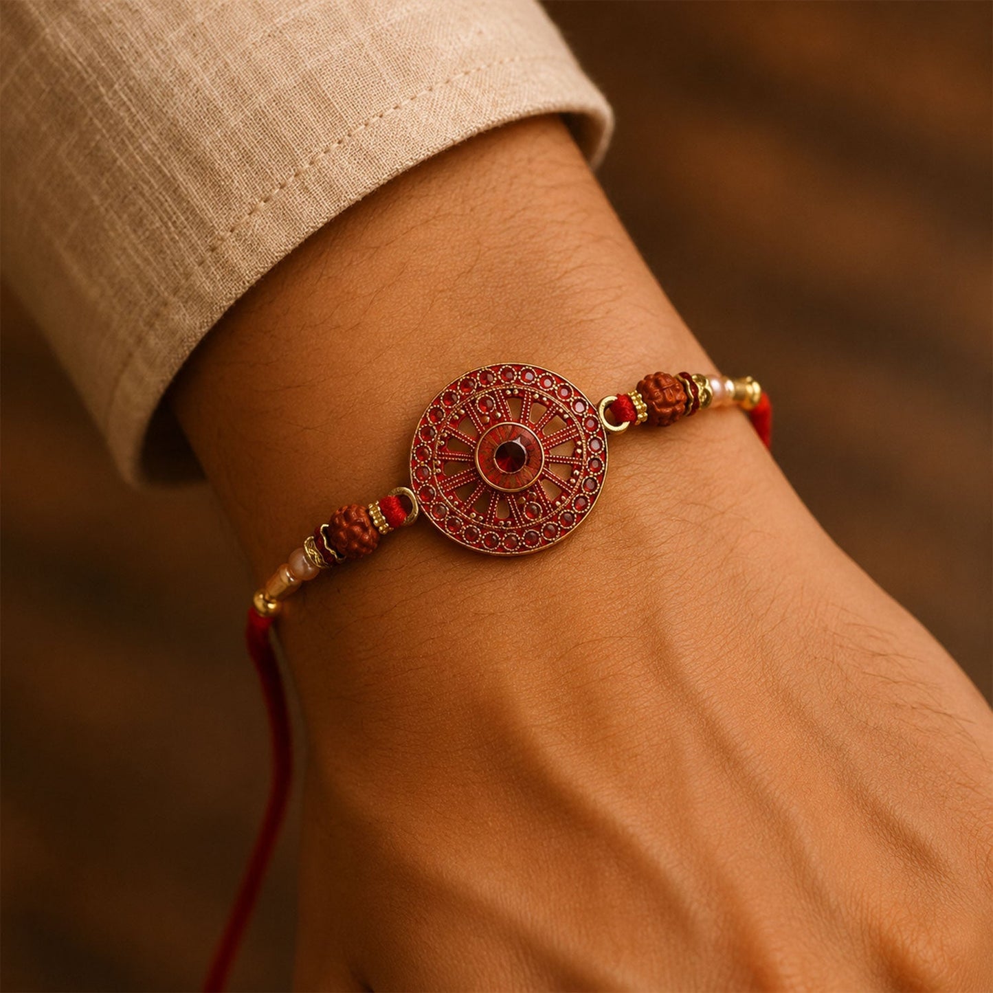Stylish red floral designer rakhi with crystal accents for brothers