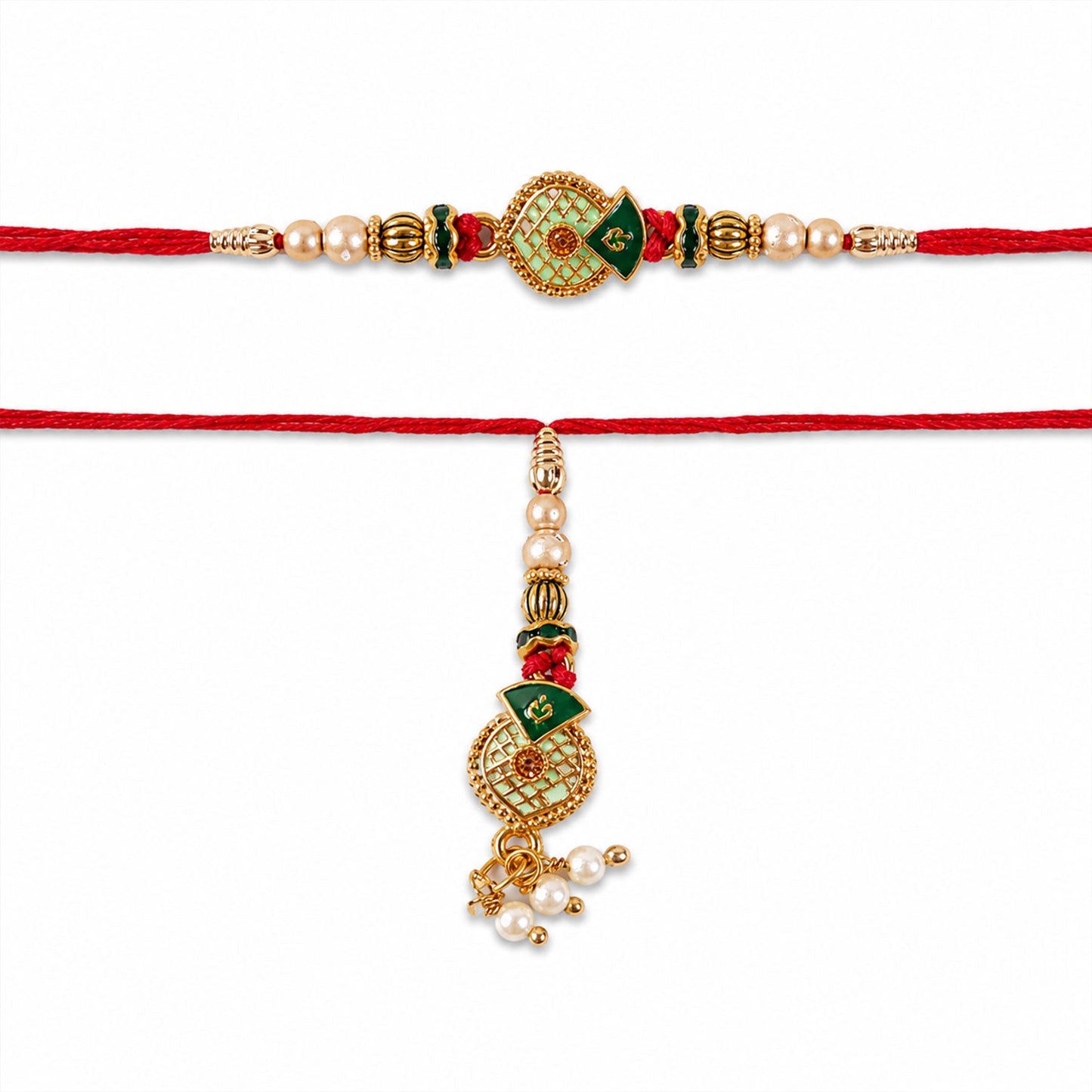 Beautiful green meenakari rakhi with pearl accents for Bhabhi, festival celebration