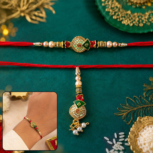 Green meenakari rakhi with pearl beads, perfect for Bhabhi during Rakshabandhan