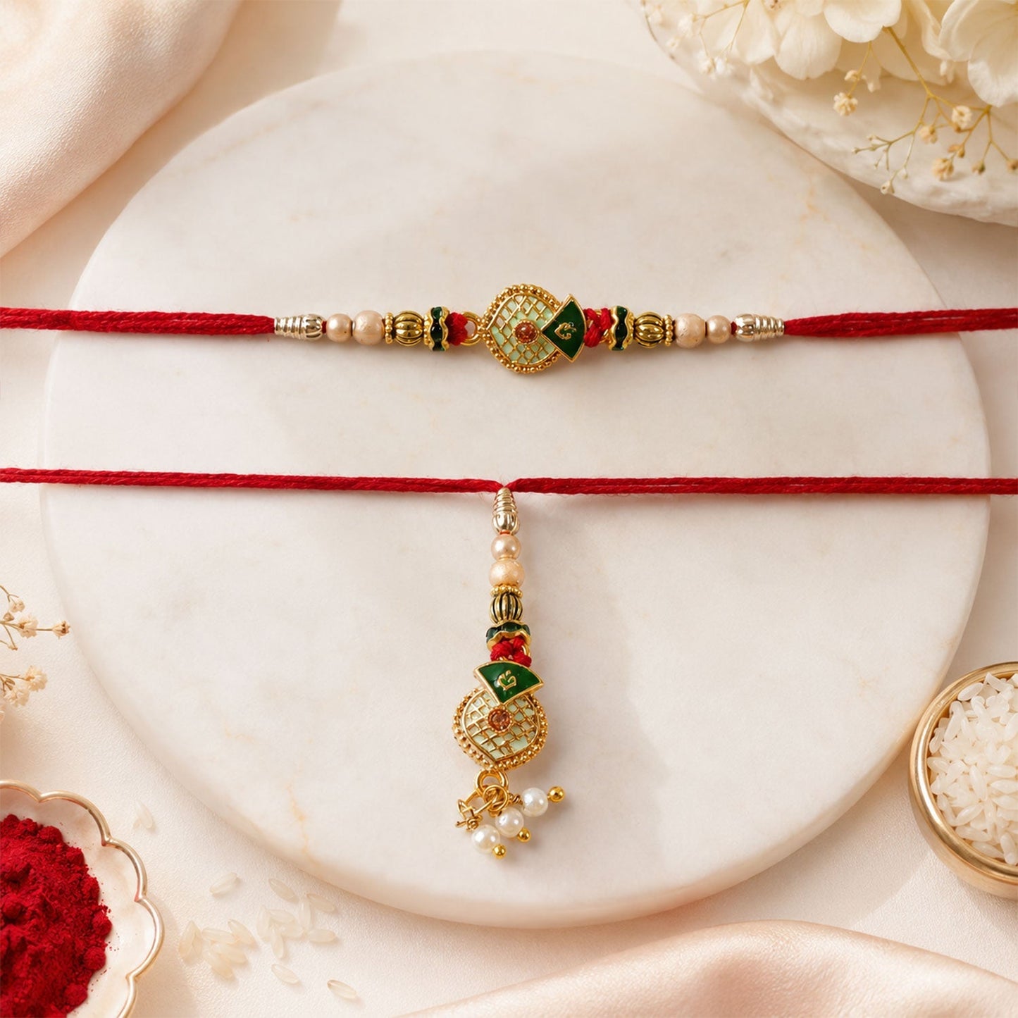 Elegant green meenakari pearl rakhi for Bhabhi, ideal for Raksha Bandhan