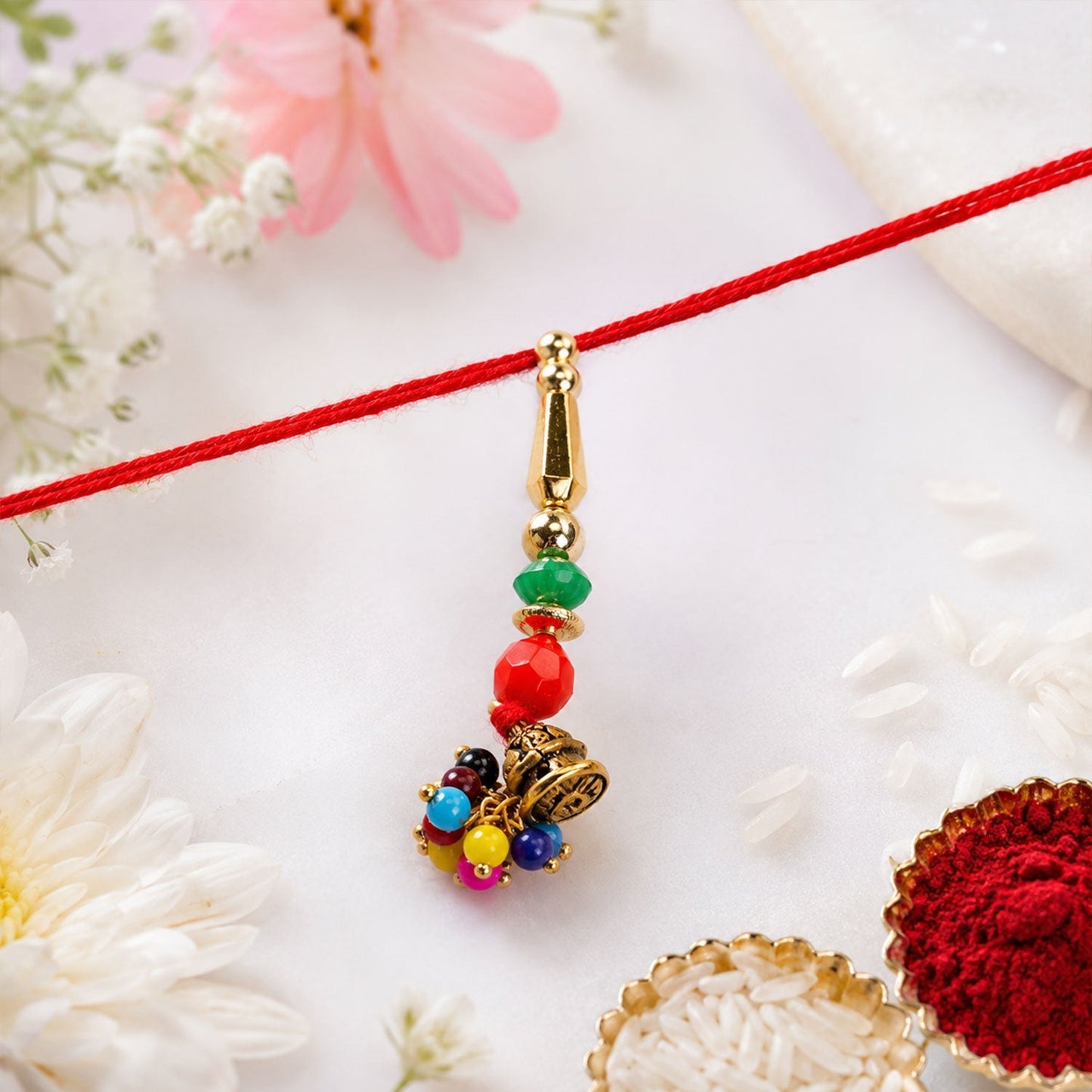 Elegant and vibrant colourful bead rakhi, perfect for Rakshabandhan