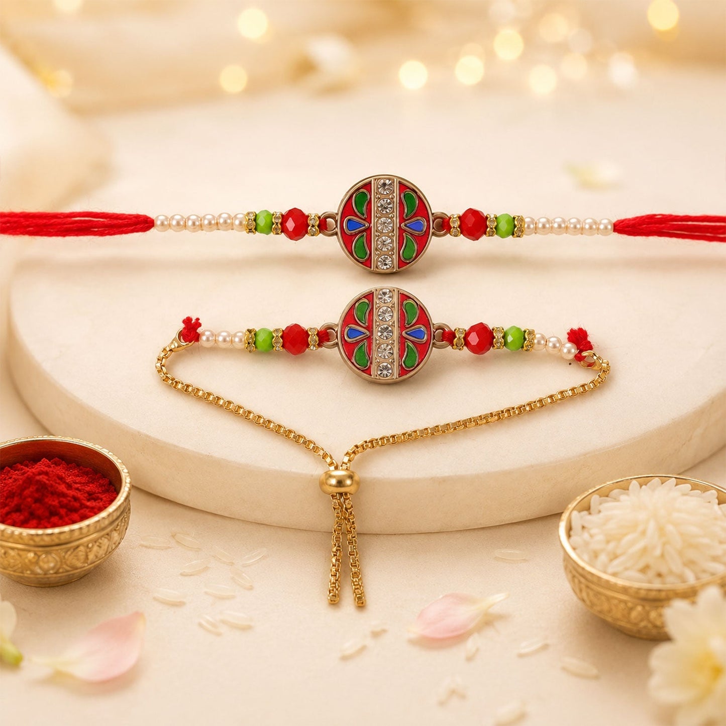 Close-up of the intricate meenakari work on the Bhabhi rakhi with gold-lumba accents.
