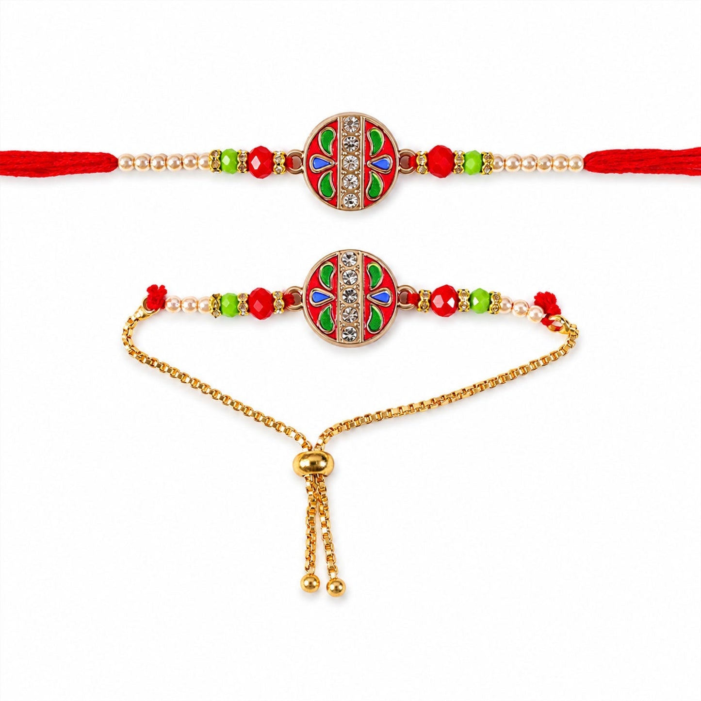 Party-ready meenakari Bhabhi Rakhi with gold accents for Rakshabandhan.