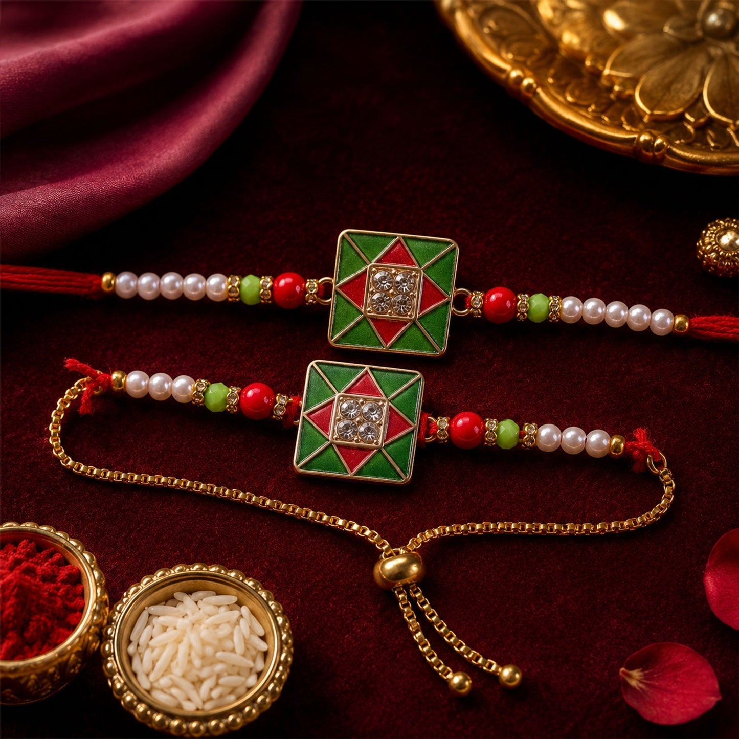 Elegant Red Green Square Meenakari Bhabhi Lumba Rakhi with vibrant colors