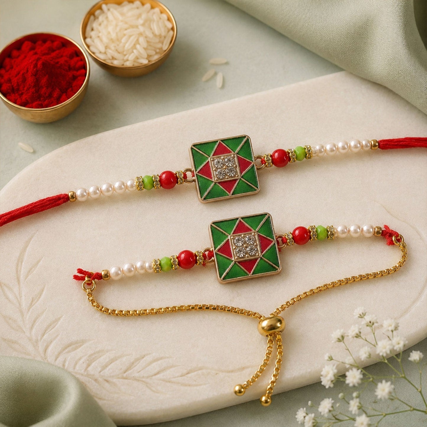 Beautifully designed Red Green meenakari Bhabhi Lumba Rakhi for Raksha Bandhan