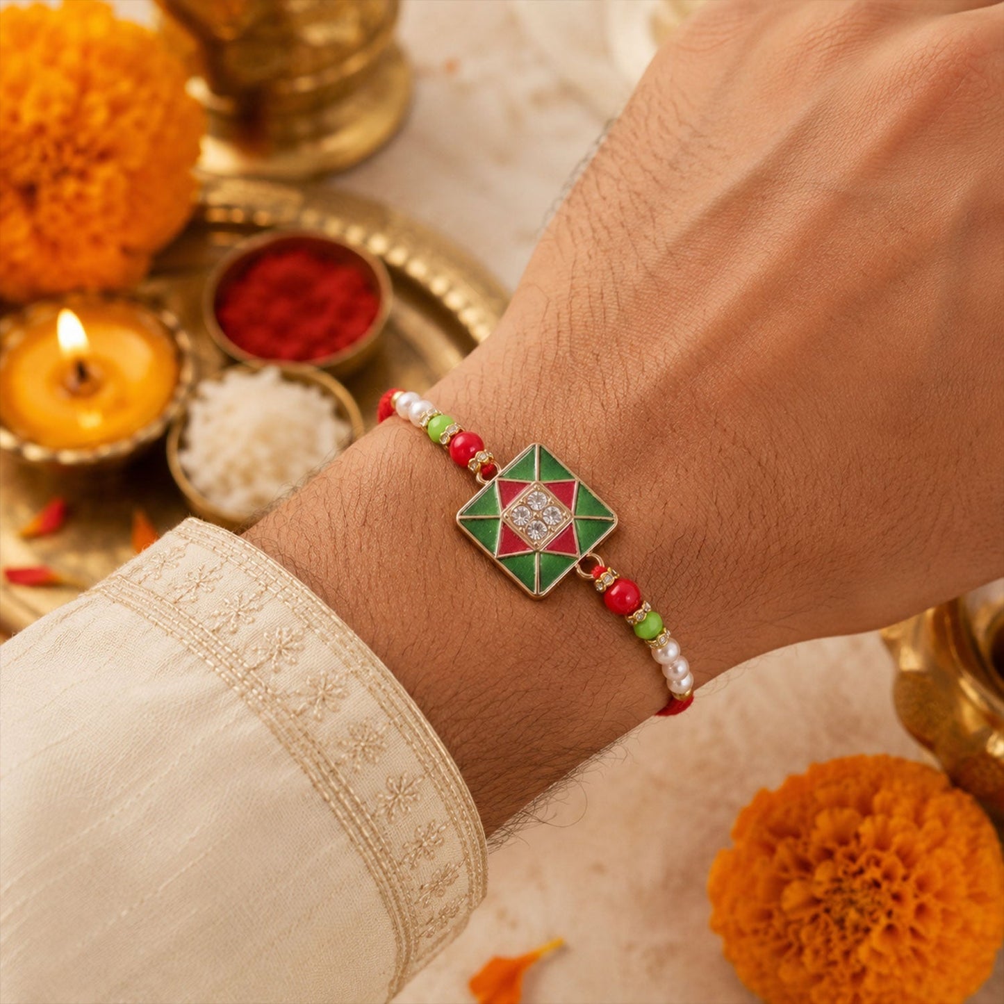 Decorative Red Green Square Meenakari Bhabhi Lumba Rakhi set with intricate craftsmanship