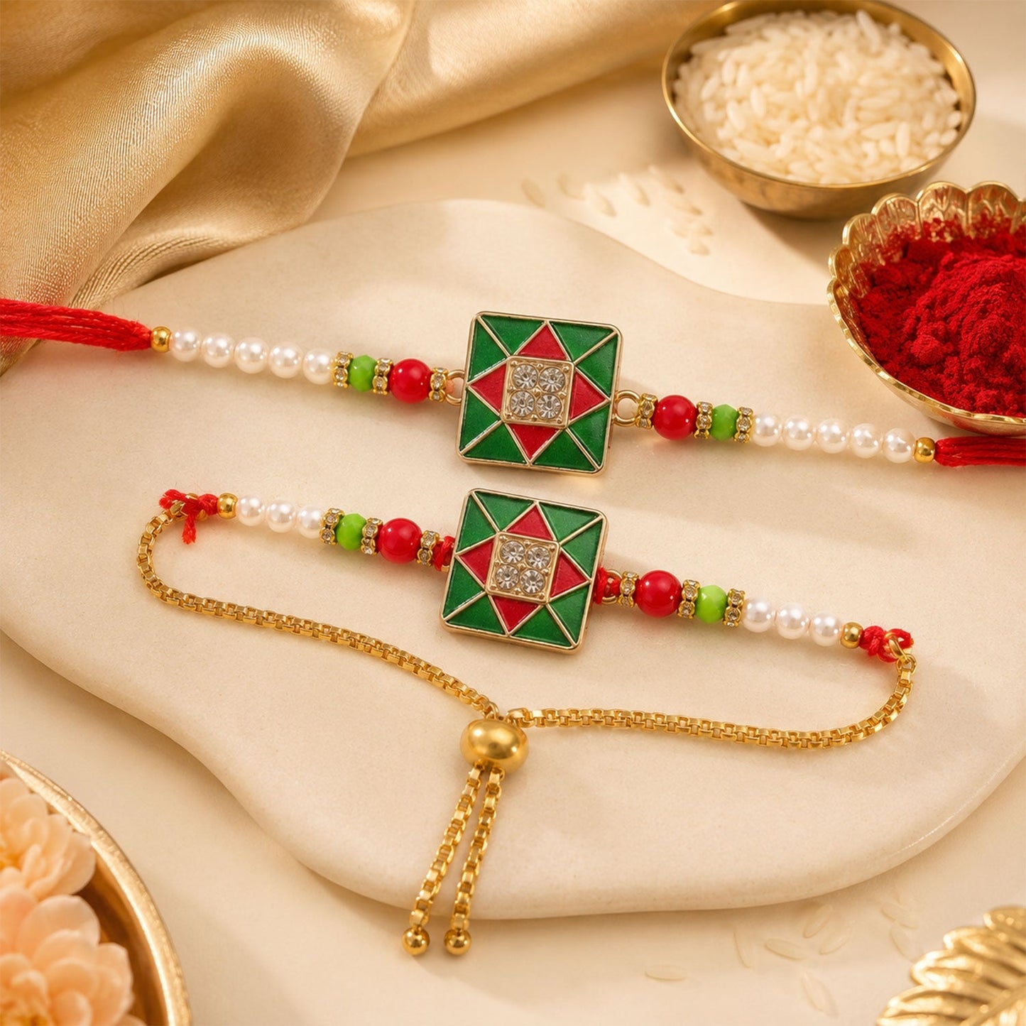 Vibrant red and green meenakari bow-shaped Bhabhi Lumba Rakhi with traditional motifs