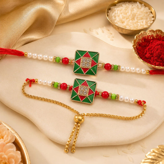 Vibrant red and green meenakari bow-shaped Bhabhi Lumba Rakhi with traditional motifs