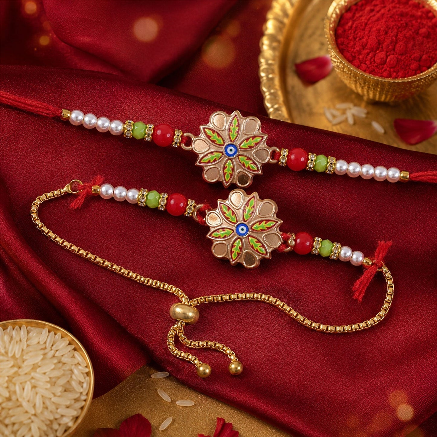 Evil eye motif on meenakari floral rakhi, symbol of protection and blessings