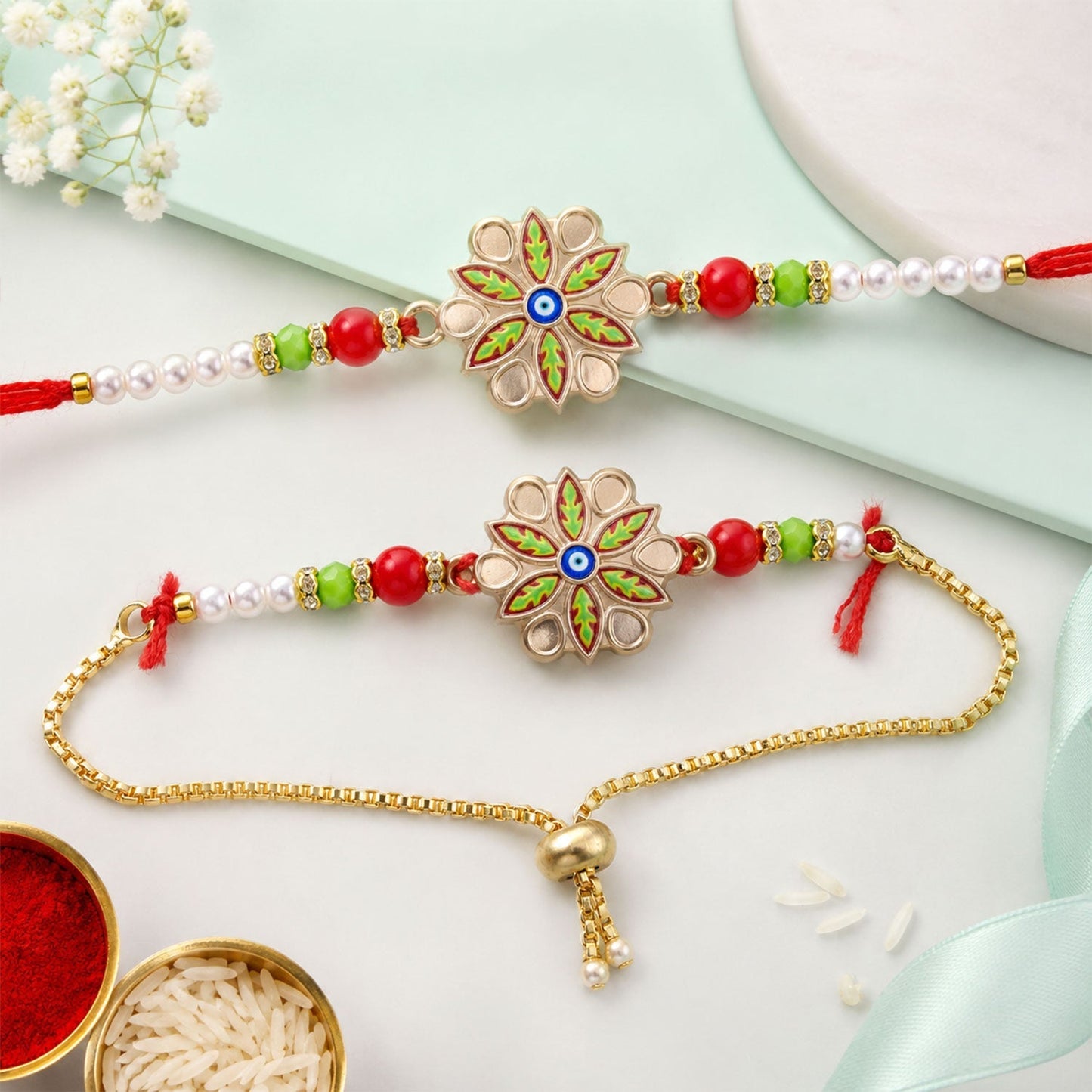 Elegant meenakari floral evil eye rakhi with colourful beads for Rakshabandhan