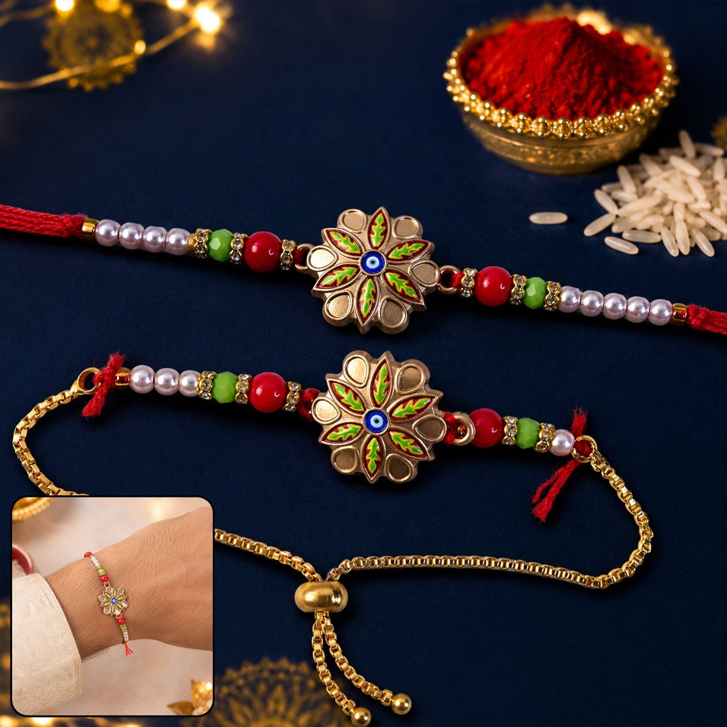 Colorful meenakari floral evil eye rakhi with beads, traditional gift for Raksha Bandhan