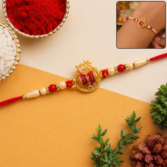 Om Damaru Charm Red Thread Rakhi with Pearl Beads front view.