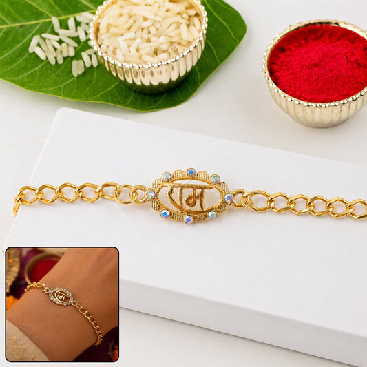 Front view of Ram Text Pearl Stone Gold Tone Rakhi bracelet with pearl and stone embellishments