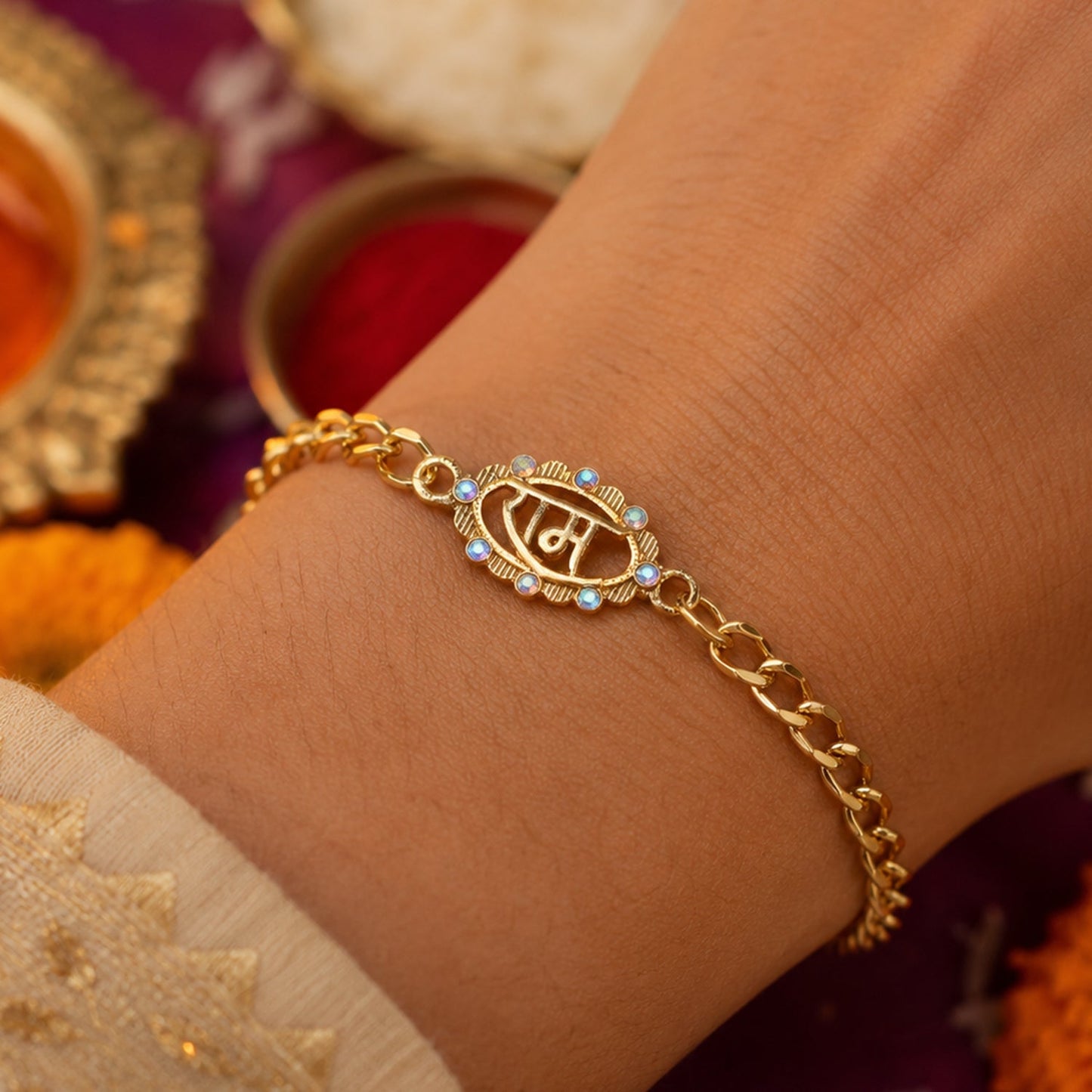 Detailed close-up of Ram Text Pearl Stone Rakhi bracelet showing finishing and craftsmanship