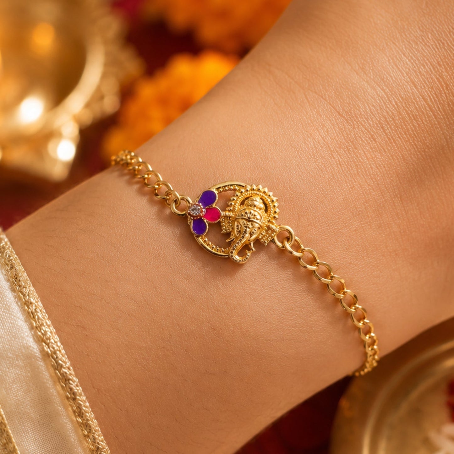 Side view of the elegant Lord Ganesha Rakhi bracelet showing its craftsmanship.