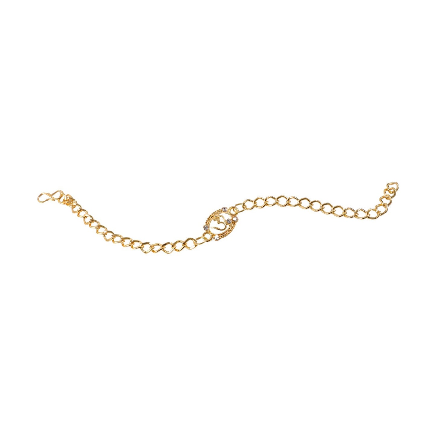 Styled view of Om stone gold tone rakhi bracelet highlighting design