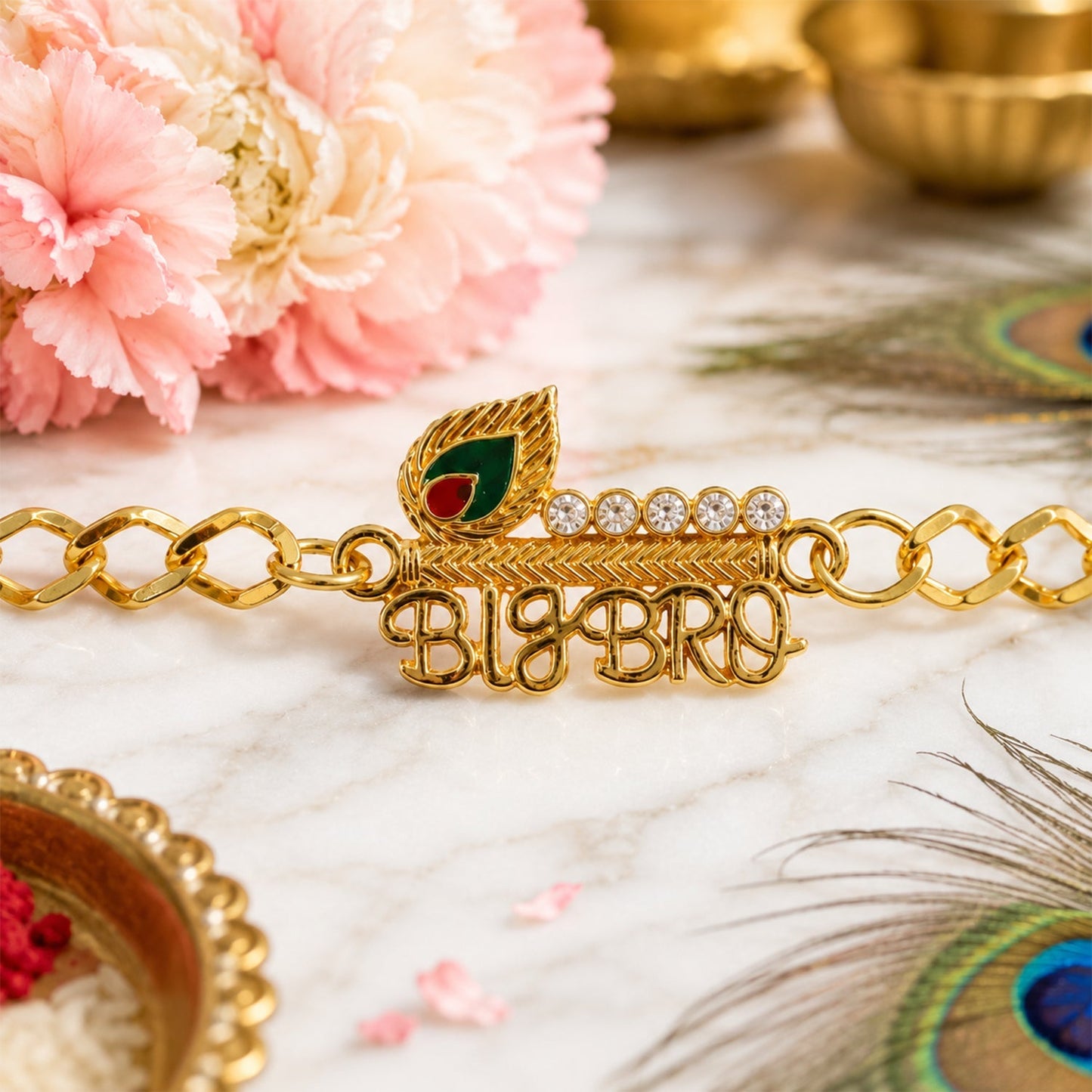 Decorative Rakhi with beads and stones on gold thread