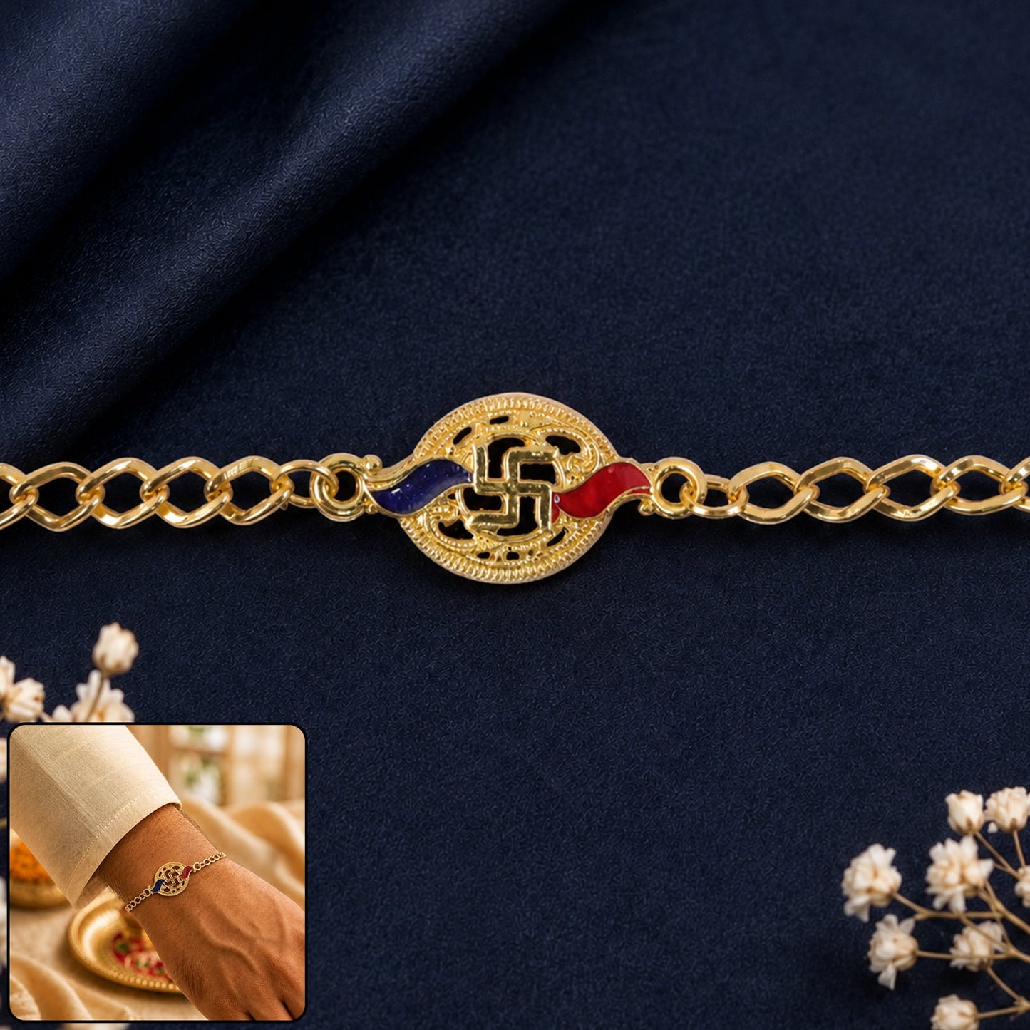 Front view of Swastik enamel gold-tone bracelet rakhi