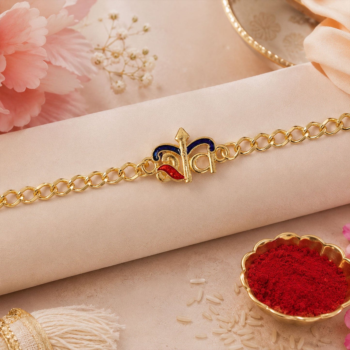Lightweight thread bracelet rakhi with a gold tone centerpiece