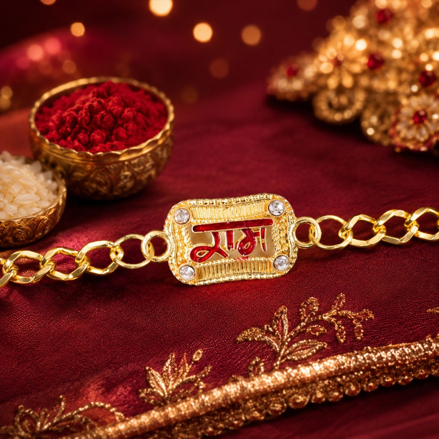 Side view of Ram Text Rakhi bracelet showing thread and design